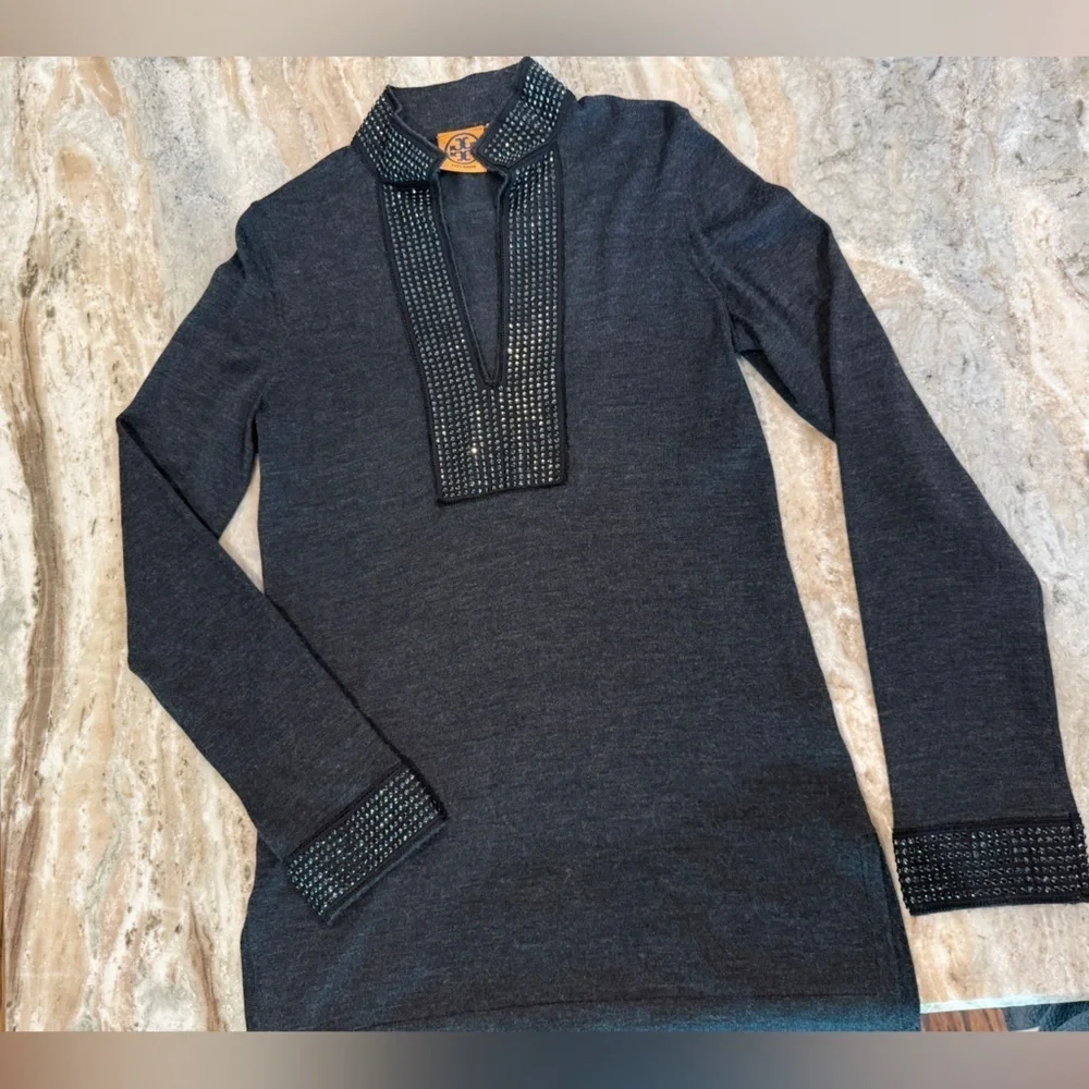 Women’s TORY BURCH 100% Merino Wool Charcoal gray embellished sweater- Size XS
